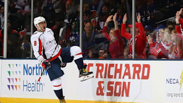 UNIONDALE, NEW YORK - JANUARY 18: Alex Ovechkin #8 of the Washington Capitals celebrates his first period goal against the New York Islanders at NYCB Live's Nassau Coliseum on January 18, 2020 in Uniondale, New York. (Photo by Mike Stobe/NHLI via Getty Images)