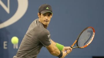 Sep 3, 2014; New York, NY, USA; Andy Murray (GBR) returns a shot to Novak Djokovic (SRB) on day ten of the 2014 U.S. Open tennis tournament at USTA Billie Jean King National Tennis Center. Mandatory Credit: Jerry Lai-USA TODAY Sports