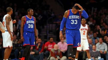 Apr 5, 2015; New York, NY, USA; Philadelphia 76ers forward Robert Covington (33) reacts against the New York Knicks during the second half at Madison Square Garden. The Knicks defeated the 76ers 101 - 91. Mandatory Credit: Adam Hunger-USA TODAY Sports