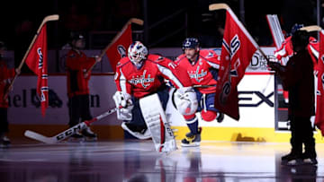 Jan 3, 2017; Washington, DC, USA; Washington Capitals goalie Braden Holtby (70) and Capitals left wing Alex Ovechkin (8) skates onto the ice prior to their game against the Toronto Maple Leafs at Verizon Center. Mandatory Credit: Amber Searls-USA TODAY Sports