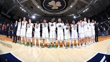Feb 24, 2015; South Bend, IN, USA; A wide angle view of the Notre Dame Fighting Irish stand for the playing of their school song after the game against the Syracuse Orangemen at Purcell Pavilion at the Joyce Center. Syracuse defeats Notre Dame 65-60. Mandatory Credit: Brian Spurlock-USA TODAY Sports