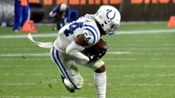 CLEVELAND, OHIO - OCTOBER 11: Anthony Walker #54 of the Indianapolis Colts makes an interception in the fourth quarter against the Cleveland Browns at FirstEnergy Stadium on October 11, 2020 in Cleveland, Ohio. (Photo by Jason Miller/Getty Images)