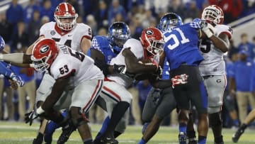 Nov 5, 2016; Lexington, KY, USA; Georgia Bulldogs running back Sony Michel (1) runs the ball against the Kentucky Wildcats in the second half at Commonwealth Stadium. Georgia defeated Kentucky 27-24. Mandatory Credit: Mark Zerof-USA TODAY Sports