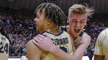 WEST LAFAYETTE, IN - JANUARY 27: Carsen Edwards #3 and Matt Haarms #32 of the Purdue Boilermakers celebrate after the game against the Michigan State Spartans at Mackey Arena on January 27, 2019 in West Lafayette, Indiana. (Photo by Michael Hickey/Getty Images)