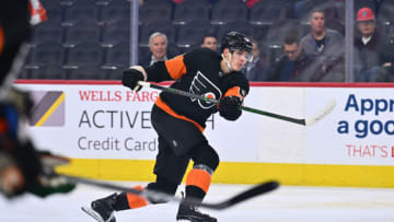 Mar 23, 2023; Philadelphia, Pennsylvania, USA; Philadelphia Flyers defenseman Egor Zamula (54) shoots the puck against the Minnesota Wild in the first period at Wells Fargo Center. Mandatory Credit: Kyle Ross-USA TODAY Sports