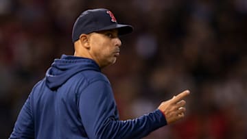 BOSTON, MA - OCTOBER 11: Manager Alex Cora of the Boston Red Sox reacts during the sixth inning of game four of the 2021 American League Division Series against the Tampa Bay Rays at Fenway Park on October 11, 2021 in Boston, Massachusetts. (Photo by Billie Weiss/Boston Red Sox/Getty Images)