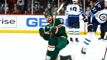 ST. PAUL, MN - JANUARY 10: Jason Zucker (16) of the Minnesota Wild celebrates after scoring a powerplay goal in the second period against the Winnipeg Jets on January 10, 2019 at Xcel Energy Center in St. Paul, Minnesota. (Photo by David Berding/Icon Sportswire via Getty Images)