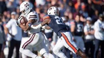 Mississippi State Bulldogs running back Dillon Johnson (23) runs the ball as Auburn Tigers take on Mississippi State Bulldogs at Jordan-Hare Stadium in Auburn, Ala., on Saturday, Nov. 13, 2021. Mississippi State Bulldogs defeated Auburn Tigers 43-34.