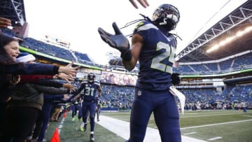 Dec 24, 2016; Seattle, WA, USA; Seattle Seahawks cornerback Richard Sherman (25) leads his defensive backfield teammates out for pregame warmups against the Arizona Cardinals at CenturyLink Field. Mandatory Credit: Joe Nicholson-USA TODAY Sports