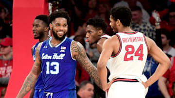 NEW YORK, NEW YORK - JANUARY 18: Myles Powell #13 of the Seton Hall Pirates taunts Nick Rutherford #24 of the St. John's basketball team at Madison Square Garden on January 18, 2020 in New York City. (Photo by Steven Ryan/Getty Images)