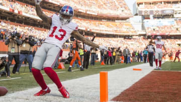 Nov 27, 2016; Cleveland, OH, USA; New York Giants wide receiver Odell Beckham (13) celebrates his touchdown run against the Cleveland Browns during the second quarter at FirstEnergy Stadium. Mandatory Credit: Scott R. Galvin-USA TODAY Sports