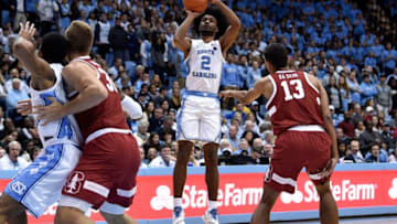 CHAPEL HILL, NORTH CAROLINA - NOVEMBER 12: Coby White #2 of the North Carolina Tar Heels shoots against against the Stanford Cardinal during the second half of their game at the Dean Smith Center on November 12, 2018 in Chapel Hill, North Carolina. North Carolina won 90-72 (Photo by Grant Halverson/Getty Images)