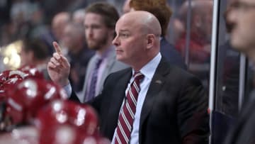 CHICAGO, IL - APRIL 06: Denver Pioneers head coach Jim Montgomery looks on during the second period of the NCAA Frozen Four semifinal game between the Denver Pioneers and the Notre Dame Fighting Irish on April 6, 2017, at the United Center in Chicago, IL. (Photo by Robin Alam/Icon Sportswire via Getty Images)
