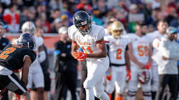 MOBILE, AL - JANUARY 25: Wide Receiver Antonio Gandy Golden #11 from Liberty of the North Team during the 2020 Resse's Senior Bowl at Ladd-Peebles Stadium on January 25, 2020 in Mobile, Alabama. The North Team defeated the South Team 34 to 17. (Photo by Don Juan Moore/Getty Images)