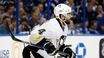 May 20, 2016; Tampa, FL, USA; Pittsburgh Penguins defenseman Justin Schultz (4) during the third period of game four of the Eastern Conference Final of the 2016 Stanley Cup Playoffs at Amalie Arena. Tampa Bay Lightning defeated the Pittsburgh Penguins 4-3. Mandatory Credit: Kim Klement-USA TODAY Sports