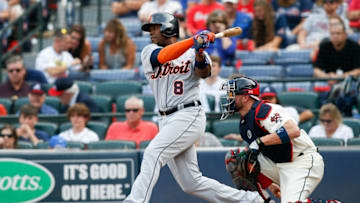 Oct 2, 2016; Atlanta, GA, USA; Detroit Tigers left fielder Justin Upton (8) bats against the Atlanta Braves in the fifth inning at Turner Field. Mandatory Credit: Brett Davis-USA TODAY Sports