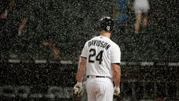 Chicago White Sox first baseman Matt Davidson (24) is at the plate when the umpires called for the tarp to cover the field during the second inning against the Detroit Tigers at Guaranteed Rate Field in Chicago on Wednesday, Sept. 5, 2018. (Nuccio DiNuzzo/Chicago Tribune/TNS via Getty Images)