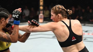 MEXICO CITY, MEXICO - SEPTEMBER 21: (R-L) Irene Aldana of Mexico punches Vanessa Melo or Brazil in their women's bantamweight bout during the UFC Fight Night event on September 21, 2019 in Mexico City, Mexico. (Photo by Josh Hedges/Zuffa LLC/Zuffa LLC via Getty Images)