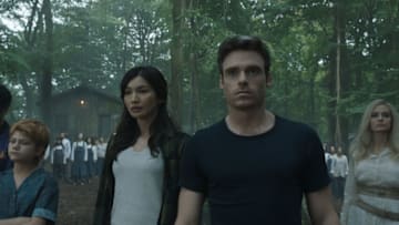 (L-R): Karun (Harish Patel), Kingo (Kumail Nanjiani), Sprite (Lia McHugh), Sersi (Gemma Chan), Ikaris (Richard Madden), Thena (Angelina Jolie), Gilgamesh (Don Lee) in Marvel Studios' ETERNALS. Photo courtesy of Marvel Studios. ©Marvel Studios 2021. All Rights Reserved.
