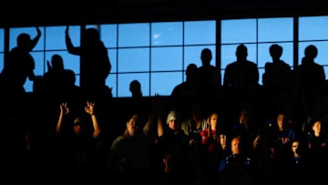 LAWRENCE, KS - JANUARY 02: Kansas Jayhawks fans cheer during the game against the Baylor Bears at Allen Fieldhouse on January 2, 2016 in Lawrence, Kansas. (Photo by Jamie Squire/Getty Images)