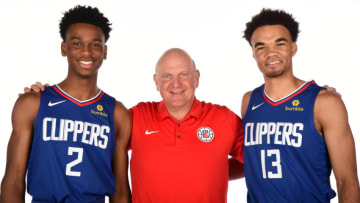 PLAYA VISTA, CA - JUNE 25: Draft picks Shai Gilgeous-Alexander #2 and Jerome Robinson #13 of the LA Clippers pose for a photo with Clippers owner Steve Ballmer with during the Draft Press Conference at the Clippers Training Facility in Playa Vista, California on June 25, 2018 at Clippers Training Facility. NOTE TO USER: User expressly acknowledges and agrees that, by downloading and or using this photograph, User is consenting to the terms and conditions of the Getty Images License Agreement. Mandatory Copyright Notice: Copyright 2018 NBAE (Photo by Andrew D. Bernstein/NBAE via Getty Images)