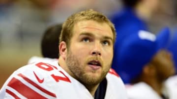 Dec 22, 2013; Detroit, MI, USA; New York Giants guard Brandon Mosley (67) against the Detroit Lions at Ford Field. Mandatory Credit: Andrew Weber-USA TODAY Sports