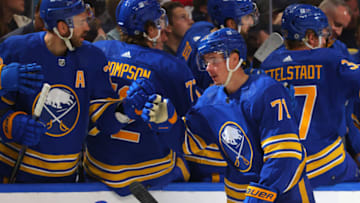 Oct 6, 2023; Buffalo, New York, USA; Buffalo Sabres left wing Victor Olofsson (71) celebrates his goal with teammates during the first period at KeyBank Center. Mandatory Credit: Timothy T. Ludwig-USA TODAY Sports