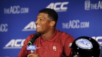 Jul 20, 2014; Greensboro, NC, USA; Florida State Seminoles quarterback Jameis Winston addresses the media during the ACC football media day at the Grandover Resort. Mandatory Credit: Sam Sharpe-USA TODAY Sports