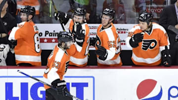 Mar 7, 2016; Philadelphia, PA, USA; Philadelphia Flyers defenseman Shayne Gostisbehere (53) celebrates with teammates after scoring a goal against the Tampa Bay Lightning during the third period at Wells Fargo Center. The Flyers defeated the Lightning, 4-2. Mandatory Credit: Eric Hartline-USA TODAY Sports