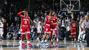 EAST LANSING, MI - FEBRUARY 02: Indiana Hoosiers celebrates 79 - 75 win against Michigan State Spartans at Breslin Center on February 2, 2019 in East Lansing, Michigan. (Photo by Rey Del Rio/Getty Images)