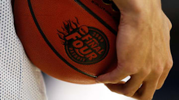 DETROIT - APRIL 03: A detail of a player from the Connecticut Huskies holding a basketball with the 2009 Final Four logo on it during practice prior to the Final Four of the NCAA Division I Men's Basketball Tournament at Ford Field on April 3, 2009 in Detroit, Michigan. (Photo by Streeter Lecka/Getty Images)