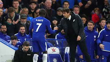 LONDON, ENGLAND - DECEMBER 30: Chelsea manager Antonio Conte shakes hand with N'Golo Kante as he leaves the field after being substituted during the Premier League match between Chelsea and Stoke City at Stamford Bridge on December 30, 2017 in London, England. (Photo by Chris Brunskill Ltd/Getty Images)