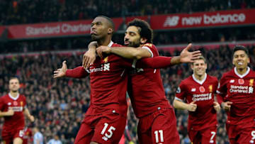 LIVERPOOL, ENGLAND - OCTOBER 28: (THE SUN OUT, THE SUN ON SUNDAY OUT) Daniel Sturridge of Liverpool celebrates after scoring the opener during the Premier League match between Liverpool and Huddersfield Town at Anfield on October 28, 2017 in Liverpool, England. (Photo by John Powell/Liverpool FC via Getty Images)