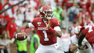 NORMAN, OK - SEPTEMBER 28: Quarterback Jalen Hurts #1 of the Oklahoma Sooners looks to throw against the Texas Tech Red Raiders at Gaylord Family Oklahoma Memorial Stadium on September 28, 2019 in Norman, Oklahoma. The Sooners defeated the Red Raiders 55-16. (Photo by Brett Deering/Getty Images)