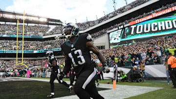Oct 23, 2016; Philadelphia, PA, USA; Philadelphia Eagles wide receiver Josh Huff (13) reacts after scoring on a kick return against the Minnesota Vikings in the second quarter at Lincoln Financial Field. Mandatory Credit: James Lang-USA TODAY Sports