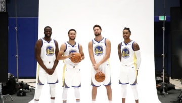 SAN FRANCISCO, CALIFORNIA - SEPTEMBER 30: Draymond Green #23, Stephen Curry #30, Klay Thompson #11, and D'Angelo Russell #0 of the Golden State Warriors pose for a picture during the Golden State Warriors media day at Chase Center on September 30, 2019 in San Francisco, California. NOTE TO USER: User expressly acknowledges and agrees that, by downloading and or using this photograph, User is consenting to the terms and conditions of the Getty Images License Agreement. (Photo by Ezra Shaw/Getty Images)