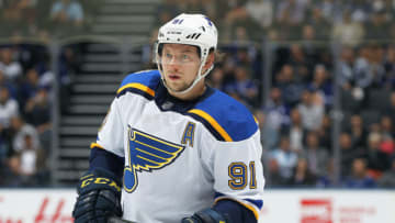 Vladimir Tarasenko #91 of the St. Louis Blues waits for a faceoff against the Toronto Maple Leafs during an NHL game at Scotiabank Arena. (Photo by Claus Andersen/Getty Images)
