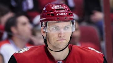 Feb 15, 2016; Glendale, AZ, USA; Arizona Coyotes center Martin Hanzal (11) looks on during the second period against the Montreal Canadiens at Gila River Arena. Mandatory Credit: Matt Kartozian-USA TODAY Sports