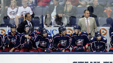COLUMBUS, OH - SEPTEMBER 24: Columbus Blue Jackets head coach John Tortorella (left) and Columbus Blue Jackets assistant coach Brad Larsen (right) look on in the third period of a Preseason game between the Columbus Blue Jackets and the Nashville Predators on September 24, 2017, at Nationwide Arena in Columbus, OH. Predators defeated the Blue Jackets 5-3. (Photo by Adam Lacy/Icon Sportswire via Getty Images)