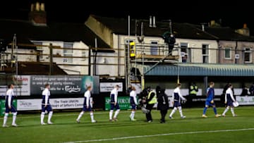 CROSBY, ENGLAND - JANUARY 10: Tottenham Hotspur players walk out prior to the FA Cup Third Round match between Marine and Tottenham Hotspur at Rossett Park on January 10, 2021 in Crosby, England. (Photo by Clive Brunskill/Getty Images)