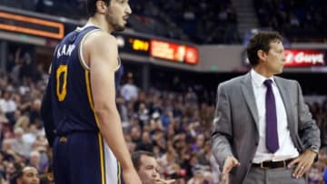 Dec 8, 2014; Sacramento, CA, USA; Utah Jazz center Enes Kanter (0) with head coach Quin Snyder after being called for a technical during the third quarter against the Sacramento Kings at Sleep Train Arena. The Sacramento Kings defeated the Utah Jazz 101-92. Mandatory Credit: Kelley L Cox-USA TODAY Sports