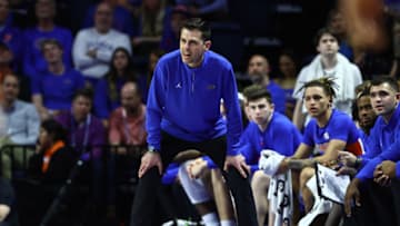 Feb 1, 2023; Gainesville, Florida, USA; Florida Gators head coach Todd Golden looks on against the Tennessee Volunteers during the second half at Exactech Arena at the Stephen C. O'Connell Center. Mandatory Credit: Kim Klement-USA TODAY Sports