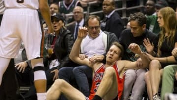 Apr 30, 2015; Milwaukee, WI, USA; Chicago Bulls forward Mike Dunleavy (34) looks on after being knocked down by Milwaukee Bucks forward Giannis Antetokounmpo (34) (not pictured) during the second quarter in game six of the first round of the NBA Playoffs. at BMO Harris Bradley Center. Mandatory Credit: Jeff Hanisch-USA TODAY Sports
