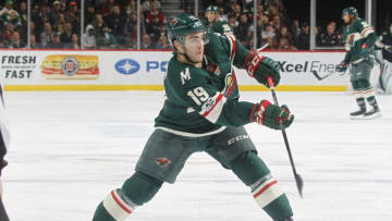 ST. PAUL, MN - NOVEMBER 2: Luke Kunin #19 of the Minnesota Wild passes the puck against the Montreal Canadiens during the game at the Xcel Energy Center on November 2, 2017 in St. Paul, Minnesota. (Photo by Bruce Kluckhohn/NHLI via Getty Images)
