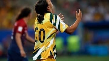 Sam Kerr (Chicago Red Stars) of Australia lament a failed occasion during the 2019 FIFA Women's World Cup France Round Of 16 match between Norway and Australia at Stade de Nice on June 22, 2019 in Nice, France. (Photo by Jose Breton/NurPhoto via Getty Images)