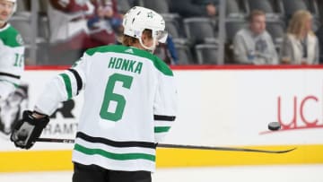DENVER, CO - NOVEMBER 24: Julius Honka #6 of the Dallas Stars juggles the puck prior to the game against the Colorado Avalanche at the Pepsi Center on November 24, 2018 in Denver, Colorado. (Photo by Michael Martin/NHLI via Getty Images)