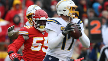 KANSAS CITY, MO - DECEMBER 29: Kansas City Chiefs defensive end Frank Clark (55) puts pressure on Los Angeles Chargers quarterback Philip Rivers (17) in the third quarter of an AFC West game between the Los Angeles Chargers and Kansas City Chiefs on December 29, 2019 at Arrowhead Stadium in Kansas City, MO. (Photo by Scott Winters/Icon Sportswire via Getty Images)