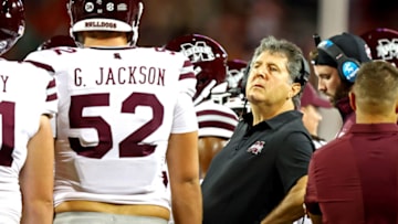 Sep 10, 2022; Tucson, Arizona, USA; Mississippi State Bulldogs head coach Mike Leach looks on during the first half against the Arizona Wildcats at Arizona Stadium. Mandatory Credit: Mark J. Rebilas-USA TODAY Sports
