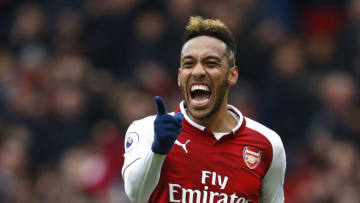 LONDON, ENGLAND - APRIL 08: Pierre-Emerick Aubameyang of Arsenal celebrates scoring his sides first goal during the Premier League match between Arsenal and Southampton at Emirates Stadium on April 8, 2018 in London, England. (Photo by Julian Finney/Getty Images)