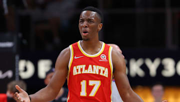 ATLANTA, GEORGIA - DECEMBER 22: Onyeka Okongwu #17 of the Atlanta Hawks reacts to a call during the second half against the Orlando Magic at State Farm Arena on December 22, 2021 in Atlanta, Georgia. NOTE TO USER: User expressly acknowledges and agrees that, by downloading and or using this photograph, User is consenting to the terms and conditions of the Getty Images License Agreement. (Photo by Kevin C. Cox/Getty Images)